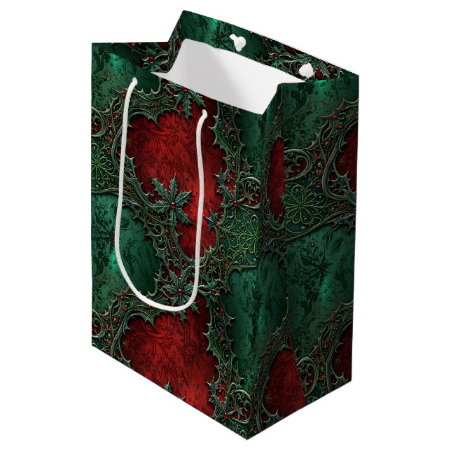 Sacola Para Presentes Média Grunge Gótico Natal Vermelho e Verde Holly (Frente inclinada)