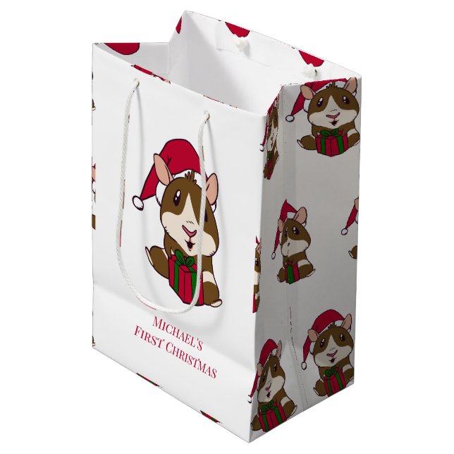 Sacola Para Presentes Média Guiné Pig Primeiro Pet de Natal Personalizado (Frente inclinada)