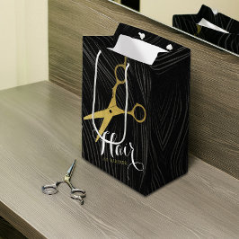 Sacola Para Presentes Média Hair Salon Hairstylist Tesoura Dourada Preta Moder