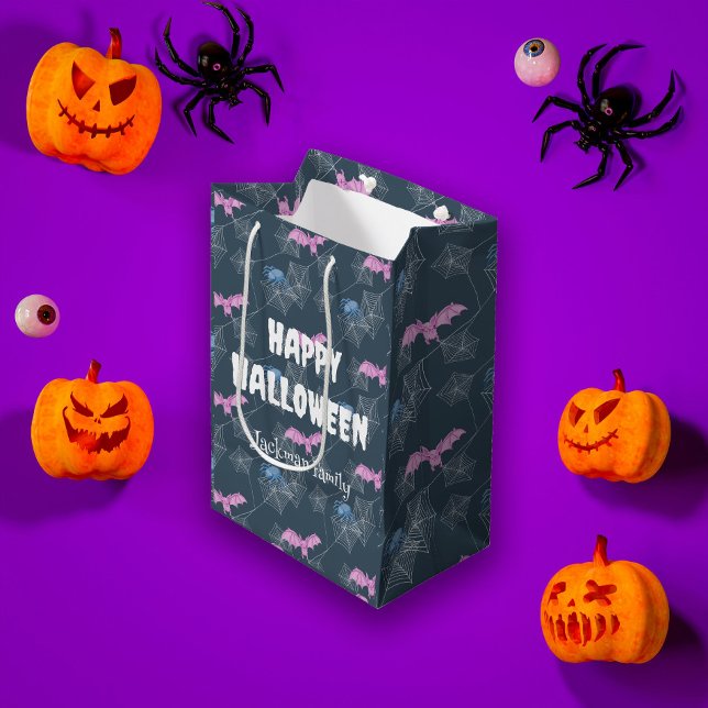 Sacola Para Presentes Média Halloween bonito com aranhas e morcegos, personali (Cute Halloween with spiders and bats, customizable Medium Gift Bag
)