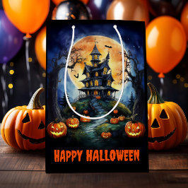 Sacola Para Presentes Média Halloween Haunted House com Pumpkins