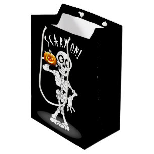Sacola Para Presentes Média Halloween Skeleton segurando um Jack-o-lanterno