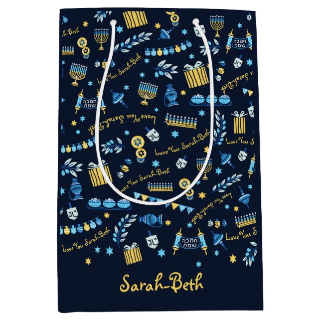 Sacola Para Presentes Média Hanukkah Personalizou Menorah Dreidel Gift Bag (Frente)