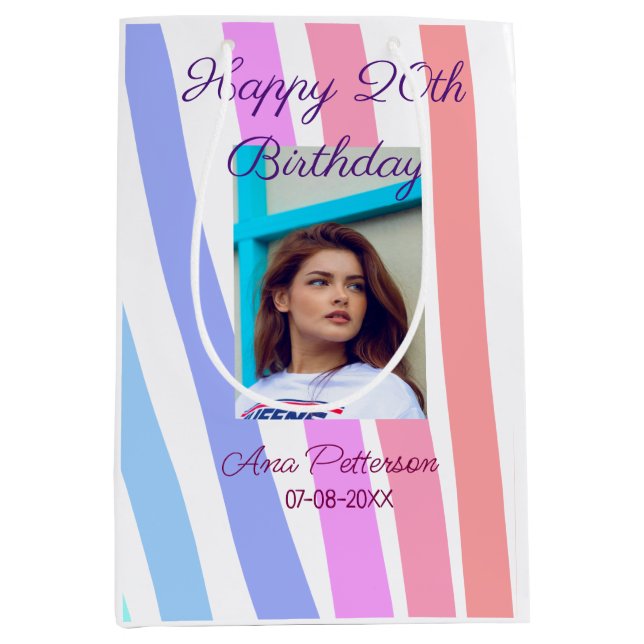 Sacola Para Presentes Média Happy 20th Birthday rainbow rustic boho lines phot (Frente)