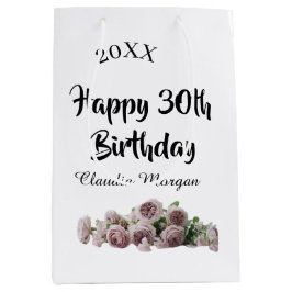 Sacola Para Presentes Média Happy 30th birthday pink white mauve floral name y