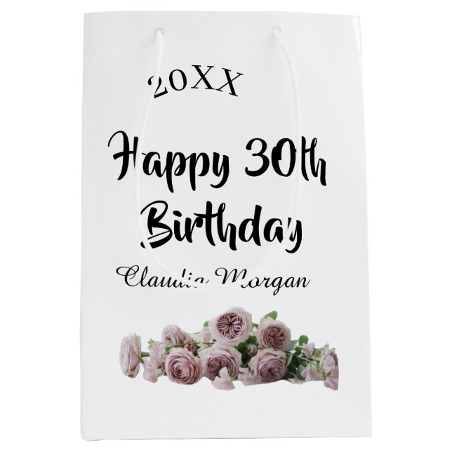 Sacola Para Presentes Média Happy 30th birthday pink white mauve floral name y (Frente)
