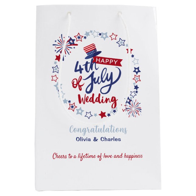 Sacola Para Presentes Média Happy 4th of July Wedding Congratulations Custom  (Frente)