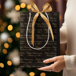 Sacola Para Presentes Média Happy Anniversary Script with Name Black Gold