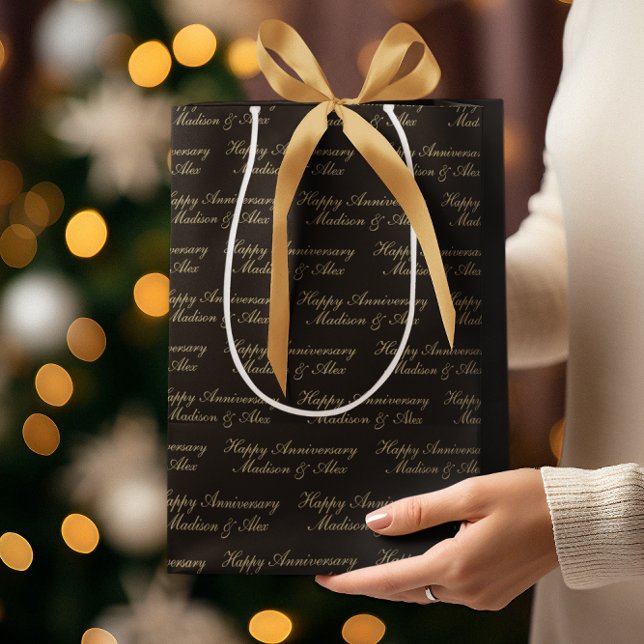 Sacola Para Presentes Média Happy Anniversary Script with Name Black Gold (Criador carregado)