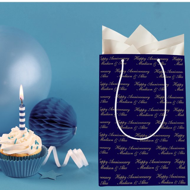 Sacola Para Presentes Média Happy Anniversary Script with Name Blue Gold (Criador carregado)