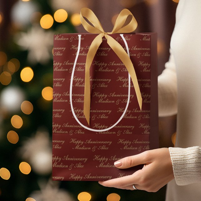 Sacola Para Presentes Média Happy Anniversary Script with Name Burgundy Gold (Criador carregado)