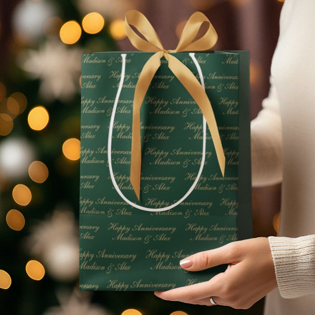 Sacola Para Presentes Média Happy Anniversary Script with Name Green Gold (Criador carregado)