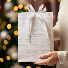 Sacola Para Presentes Média Happy Anniversary Script with Name White Silver