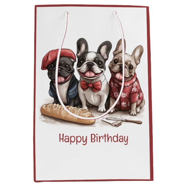 Sacola Para Presentes Média Happy Birthday Bonjour French Bulldogs (Frente)