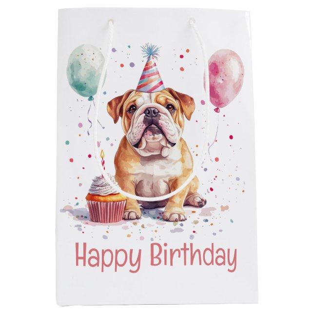 Sacola Para Presentes Média Happy Birthday English Bulldog (Frente)