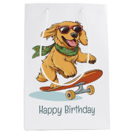 Sacola Para Presentes Média Happy Birthday Golden Retriever Dog Skateboarding