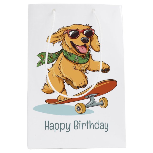 Sacola Para Presentes Média Happy Birthday Golden Retriever Dog Skateboarding (Frente)