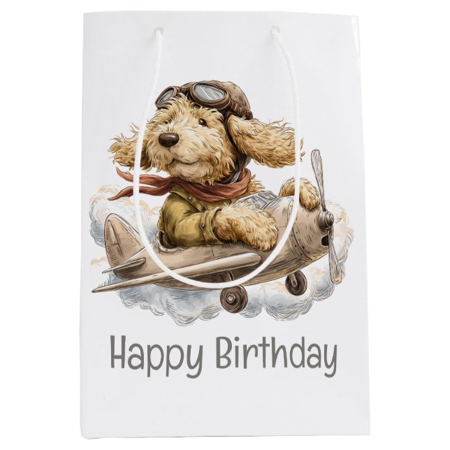 Sacola Para Presentes Média Happy Birthday Goldendoodle Dog Pilot Airplane (Frente)
