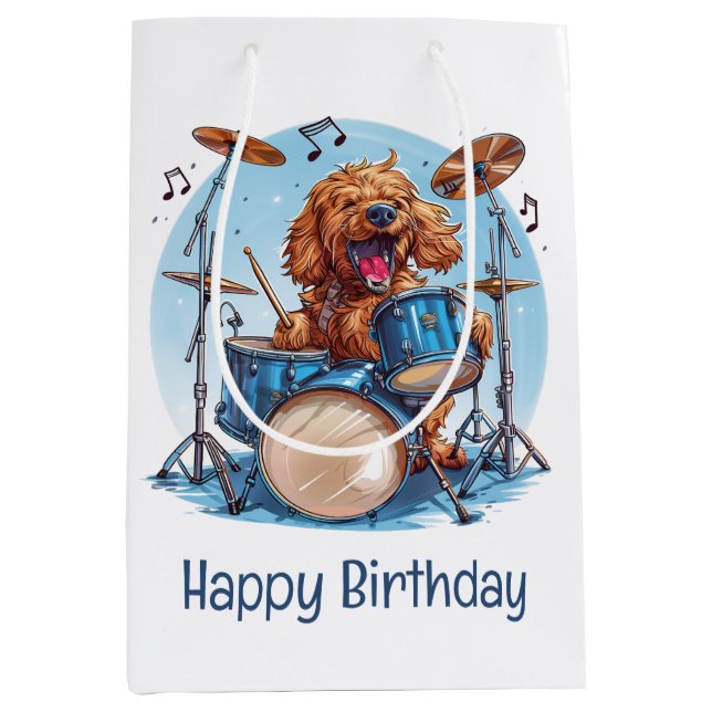 Sacola Para Presentes Média Happy Birthday Goldendoodle Dog Playing Drums (Frente)