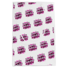 Sacola Para Presentes Média Happy Birthday Graffiti Pink & White Bag