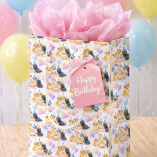 Sacola Para Presentes Média Happy Birthday Party Cat Pattern with Balloons 