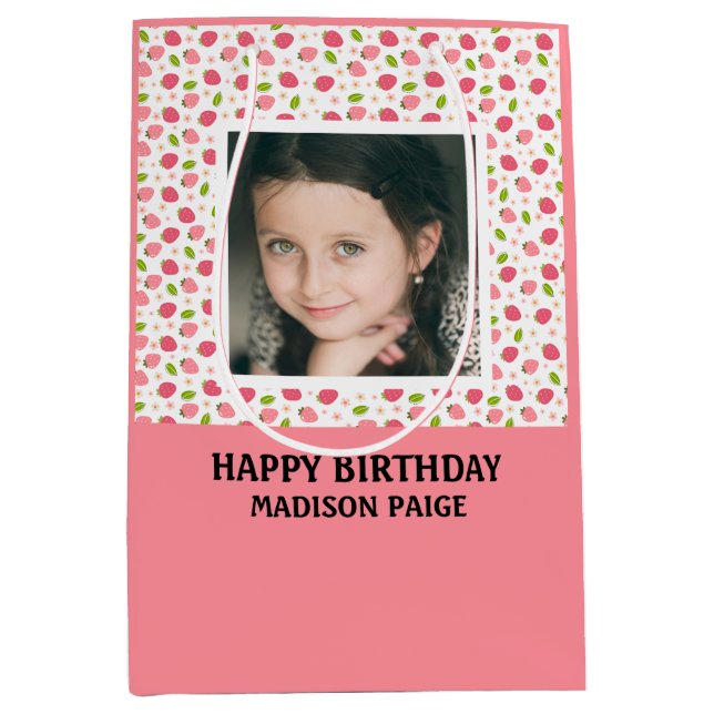 Sacola Para Presentes Média Happy Birthday Photo Strawberry Pink Girls  (Frente)