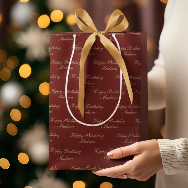Sacola Para Presentes Média Happy Birthday Script Name Burgundy Gold (Criador carregado)