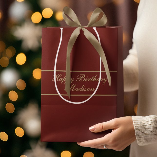 Sacola Para Presentes Média Happy Birthday Script Name Burgundy Gold (Criador carregado)