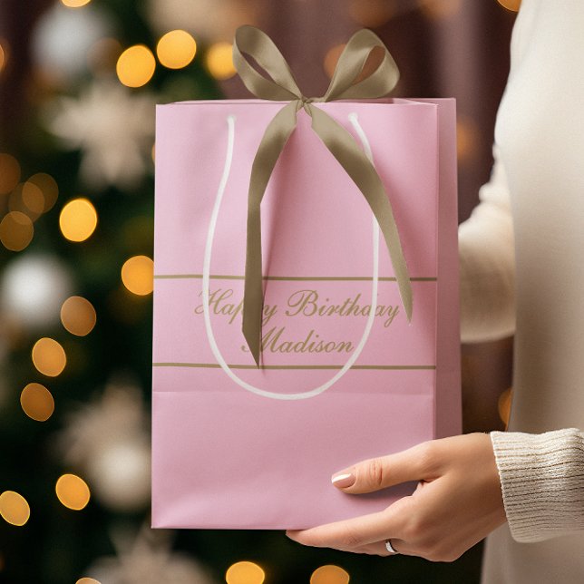 Sacola Para Presentes Média Happy Birthday Script Name Powder Pink Gold (Criador carregado)