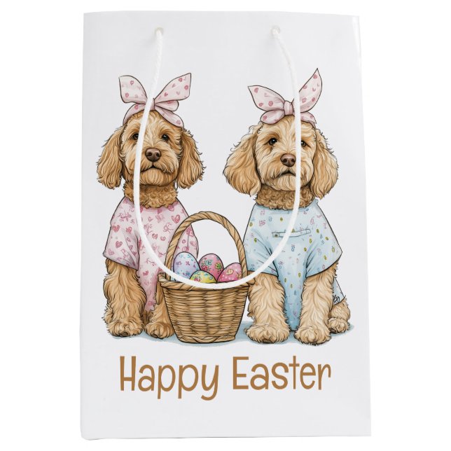 Sacola Para Presentes Média Happy Easter Goldendoodle Dogs (Frente)