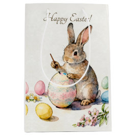 Sacola Para Presentes Média Happy Easter Vintage Bunny Painting an Egg