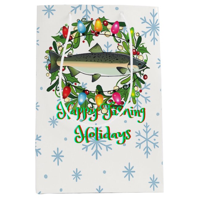 Sacola Para Presentes Média Happy Fishing Holidays Funny Fish Wreath (Frente)