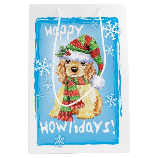 Sacola Para Presentes Média Happy Howlidays Cocker Spaniel (Frente)