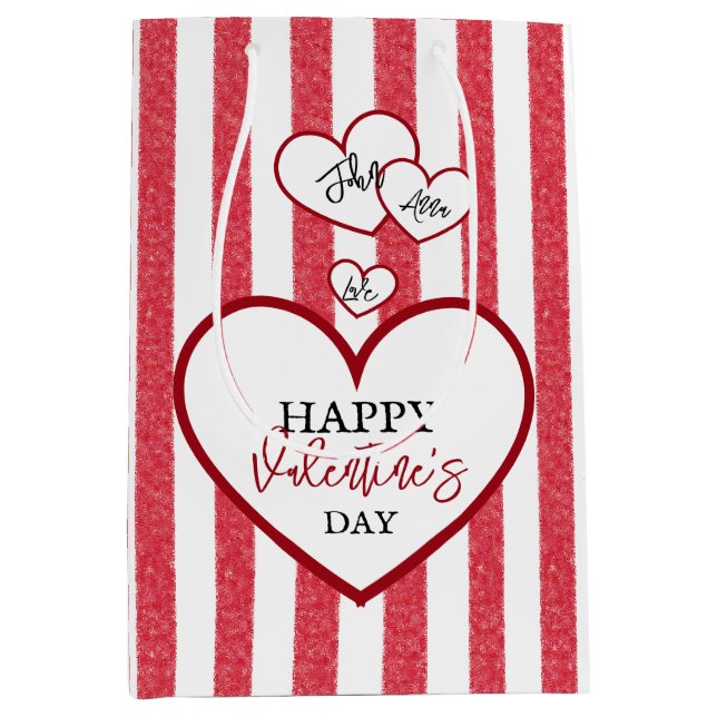 Sacola Para Presentes Média Happy Valentine's Day Hearts Chalk Stripes (Frente)
