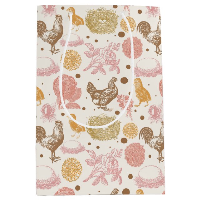 Sacola Para Presentes Média Hatching Brevemente Chicken Padrão Floral (Frente)