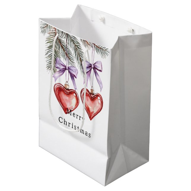 Sacola Para Presentes Média Hearts Trees Red Purple Bows Christmas (Frente inclinada)