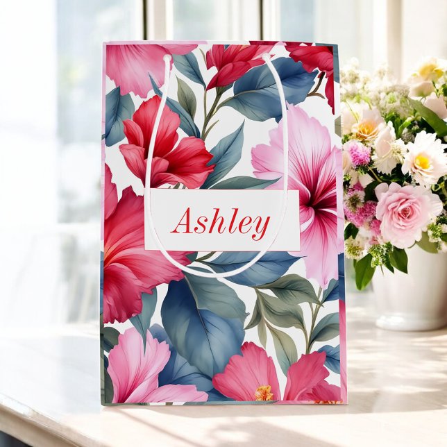 Sacola Para Presentes Média Hibisco Aquarela Floral Rosa Vermelho Elegante (Criador carregado)