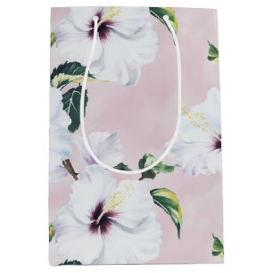 Sacola Para Presentes Média Hibisco Branco Elegante sobre fundo cor-de-rosa su