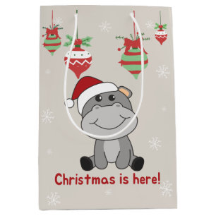 Sacola Para Presentes Média Hippo Feliz Natal Animais de inverno Hippos Média
