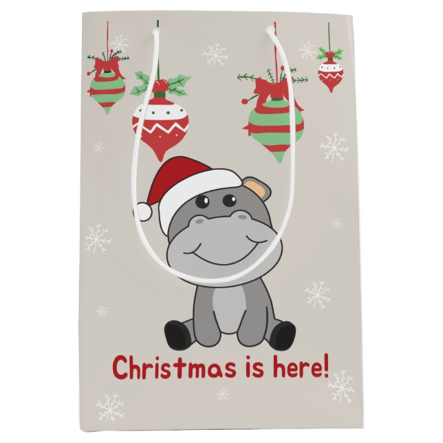 Sacola Para Presentes Média Hippo Feliz Natal Animais de inverno Hippos Média (Frente)