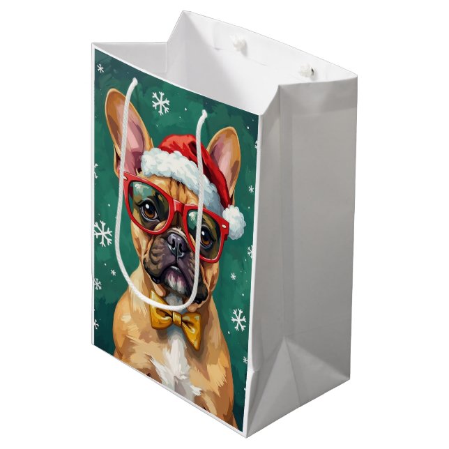 Sacola Para Presentes Média Hipster French Bulldog Santa Glasses Modern  (Frente inclinada)