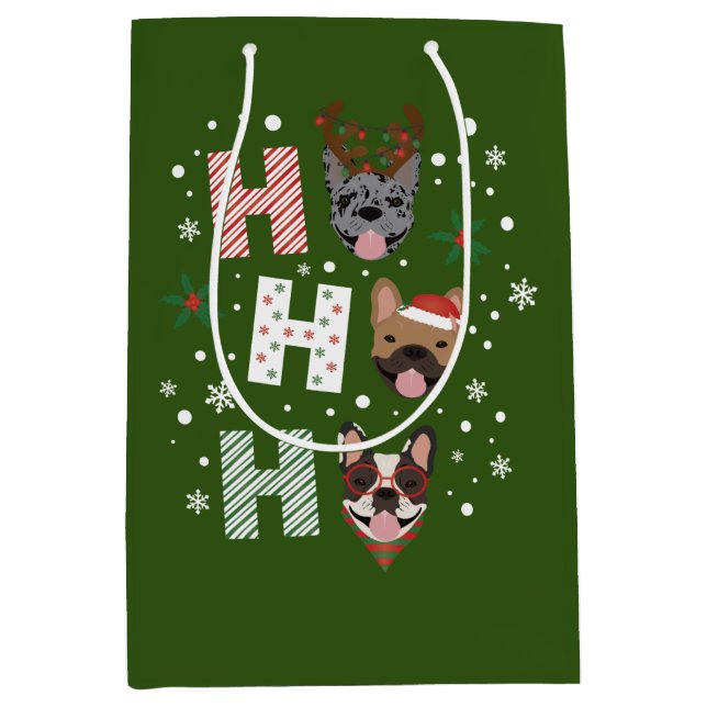 Sacola Para Presentes Média Ho Ho Ho Buldogue Francês Feliz Natal (Frente)