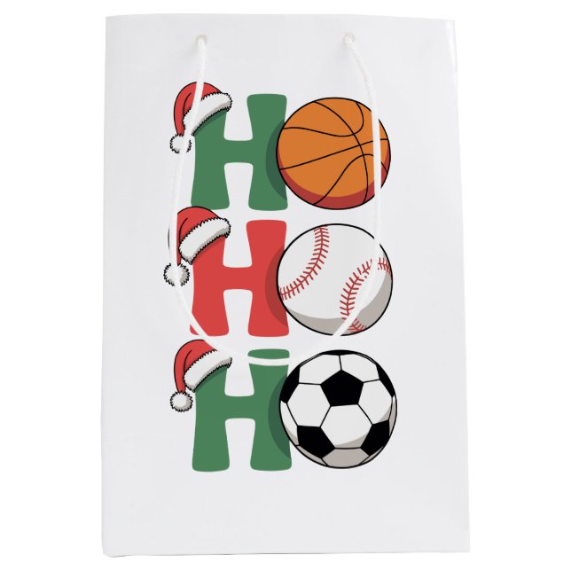 Sacola Para Presentes Média Ho Papais noeis de Natal Basquete Baseball Xmas (Frente)