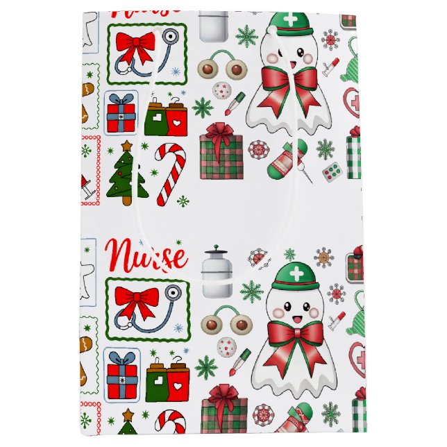 Sacola Para Presentes Média Holiday Medical with Stethoscope Christmas Nurse (Frente)
