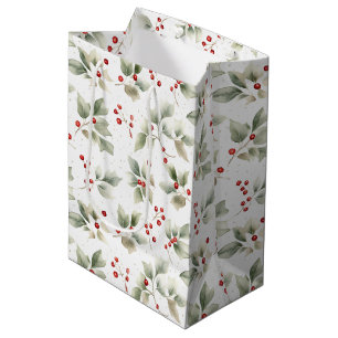 Sacola Para Presentes Média Holly e Berries Watercolor Style Wine Small and