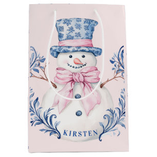 Sacola Para Presentes Média Homem de Neve Rosa e Azul do Grande Milênio