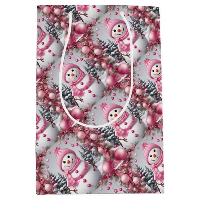 Sacola Para Presentes Média Homem de Neve Rosa Personalizado (Frente)
