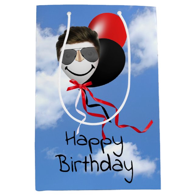 Sacola Para Presentes Média Homem encara balões de aniversário no céu (Frente)