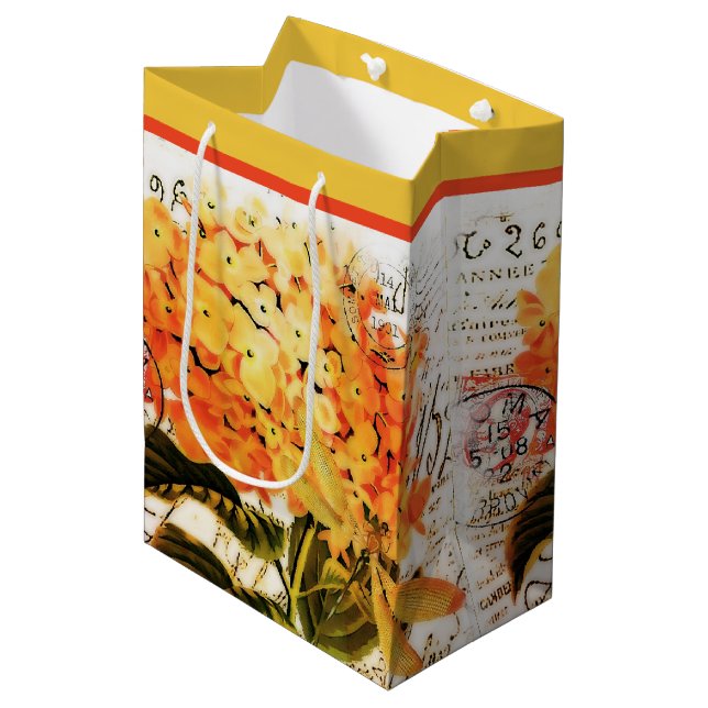 Sacola Para Presentes Média Hortênsia laranja e libélula (Frente inclinada)