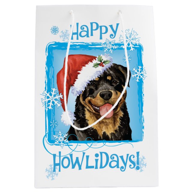 Sacola Para Presentes Média Howlidays feliz Rottweiler (Frente)